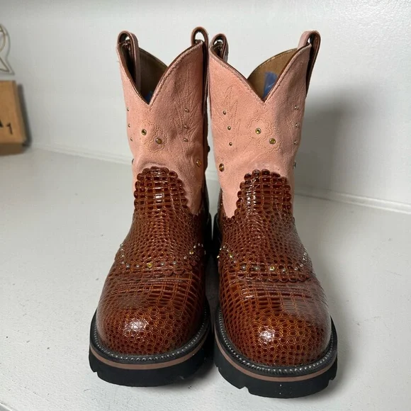 Ariat Fatbaby Boots Women’s 8B Brown Croc Embossed & Pink Leather Western Work - Picture 2 of 9